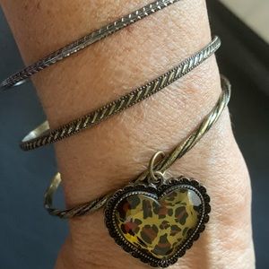 (3) Bangle Bracelets Antique Gold 1 with animal print heart